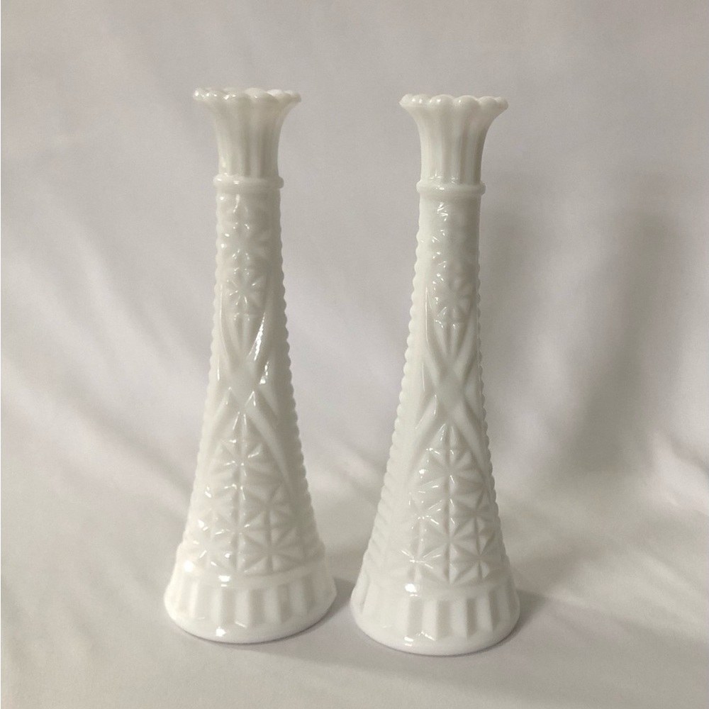 Vintage Farmhouse White Milk Glass Tall Bud Vases 9” - Set of 2 - Picture 3 of 10